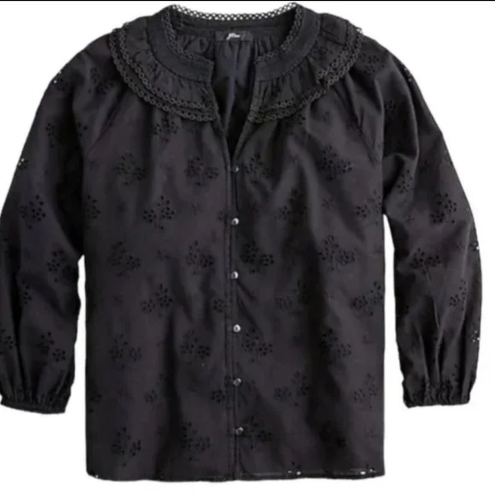 J.Crew Women’s Black Eyelet Peasant/Ruffle Collar Button Down Blouse Top